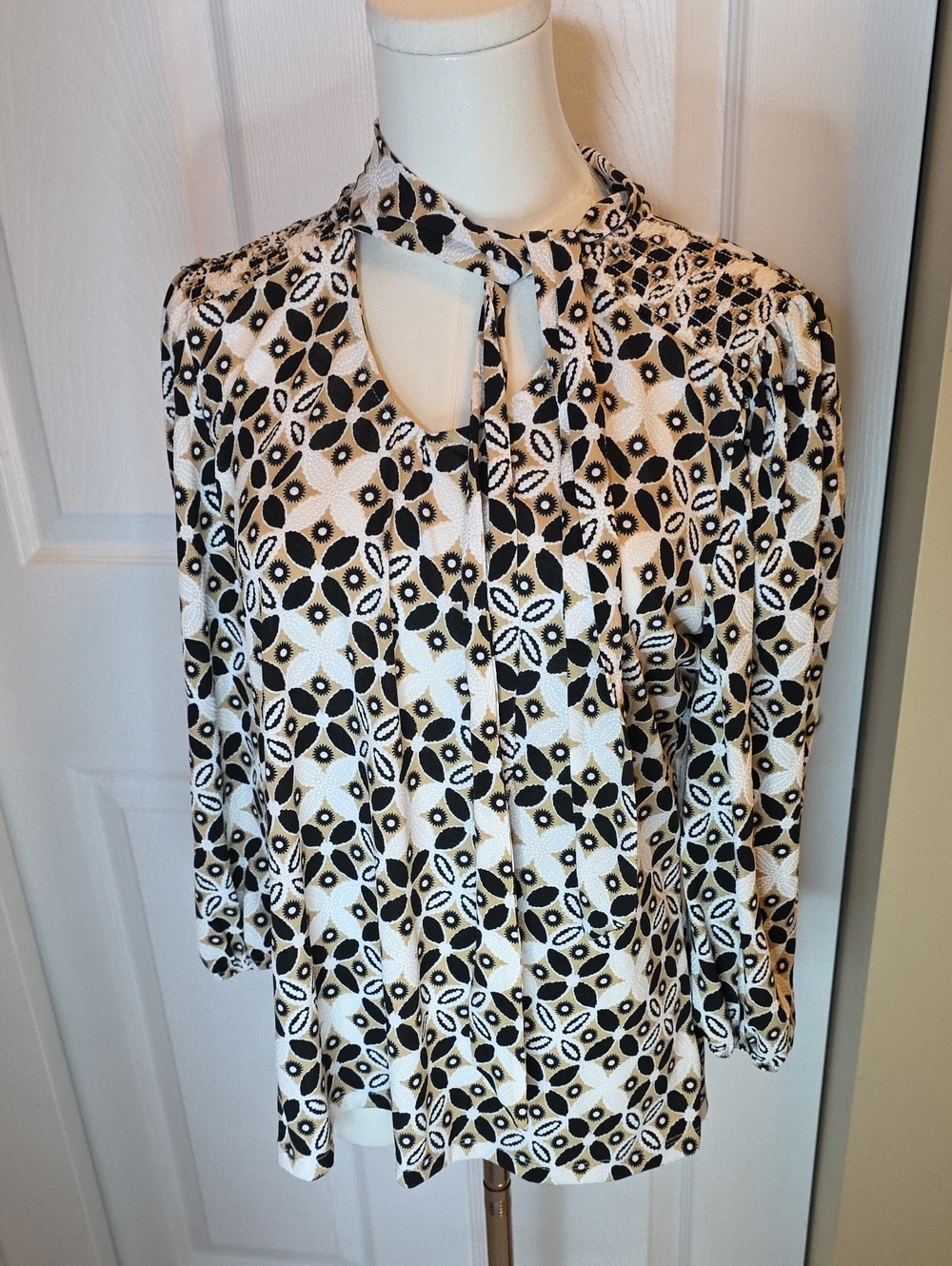 Tie-Neck Black and White Patterned Blouse